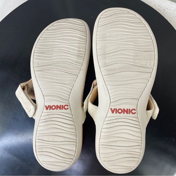 Vionic Wanda Leather T-strap Thing Sandals Beige 7 Bone Snake Embossed - Picture 10 of 12